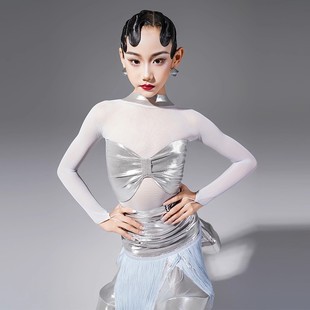 FZS同款冬新款拉丁舞服女长袖烫金拼接网纱流苏裙银色演出套装