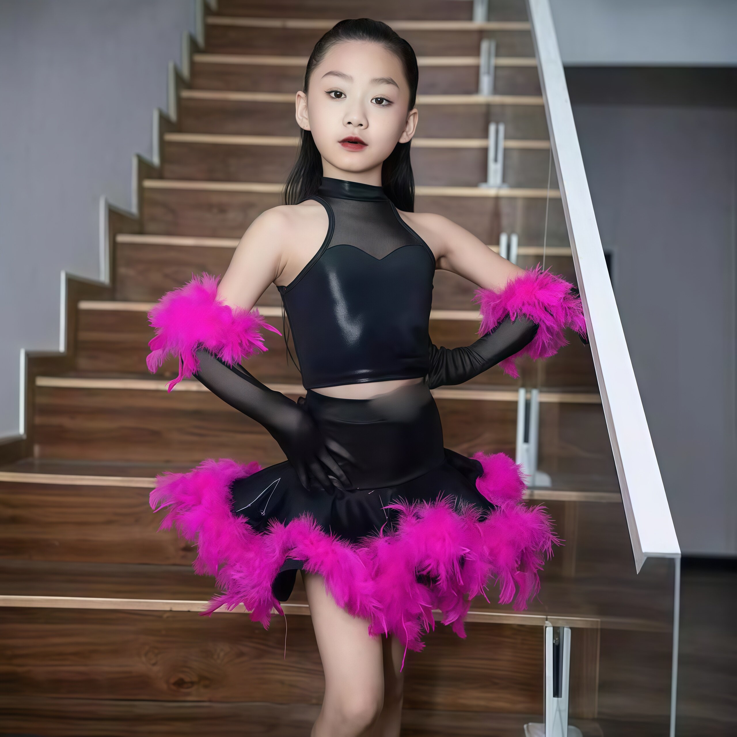 2026年新款演出服拉丁国标舞服女童团体仿皮镂空上衣鸵鸟毛蓬蓬裙