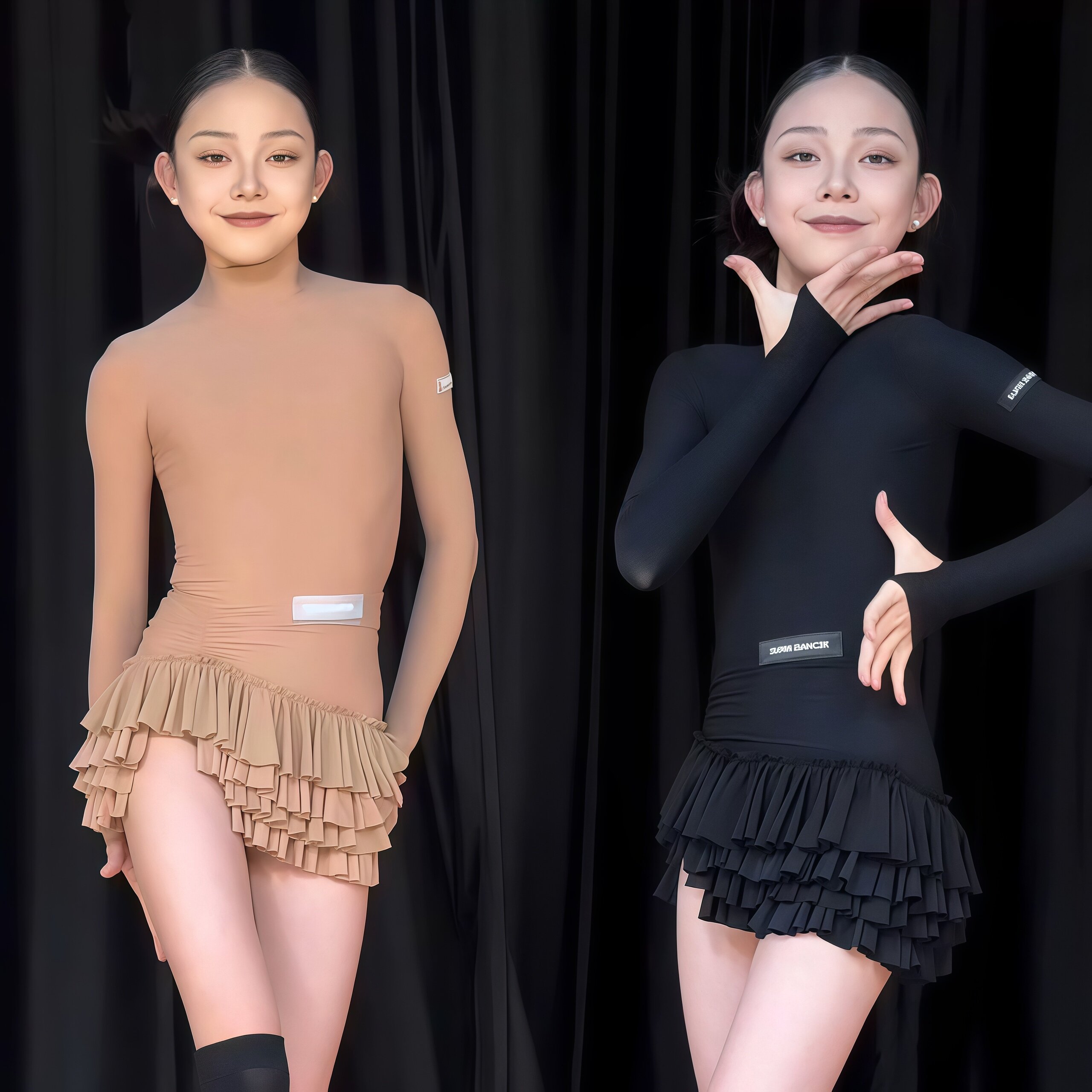 2026春秋拉丁舞服女童贴肤肌底套装长袖高领蛋糕超短裙练习演出服