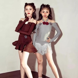 冬新款女童拉丁舞高级版长袖练功服分体高端艺考演出舞蹈流苏裙