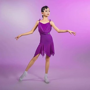 FZS同款舞服女童拉丁演出荡领吊带飘逸裙摆亮晶晶连衣裙高级艺考