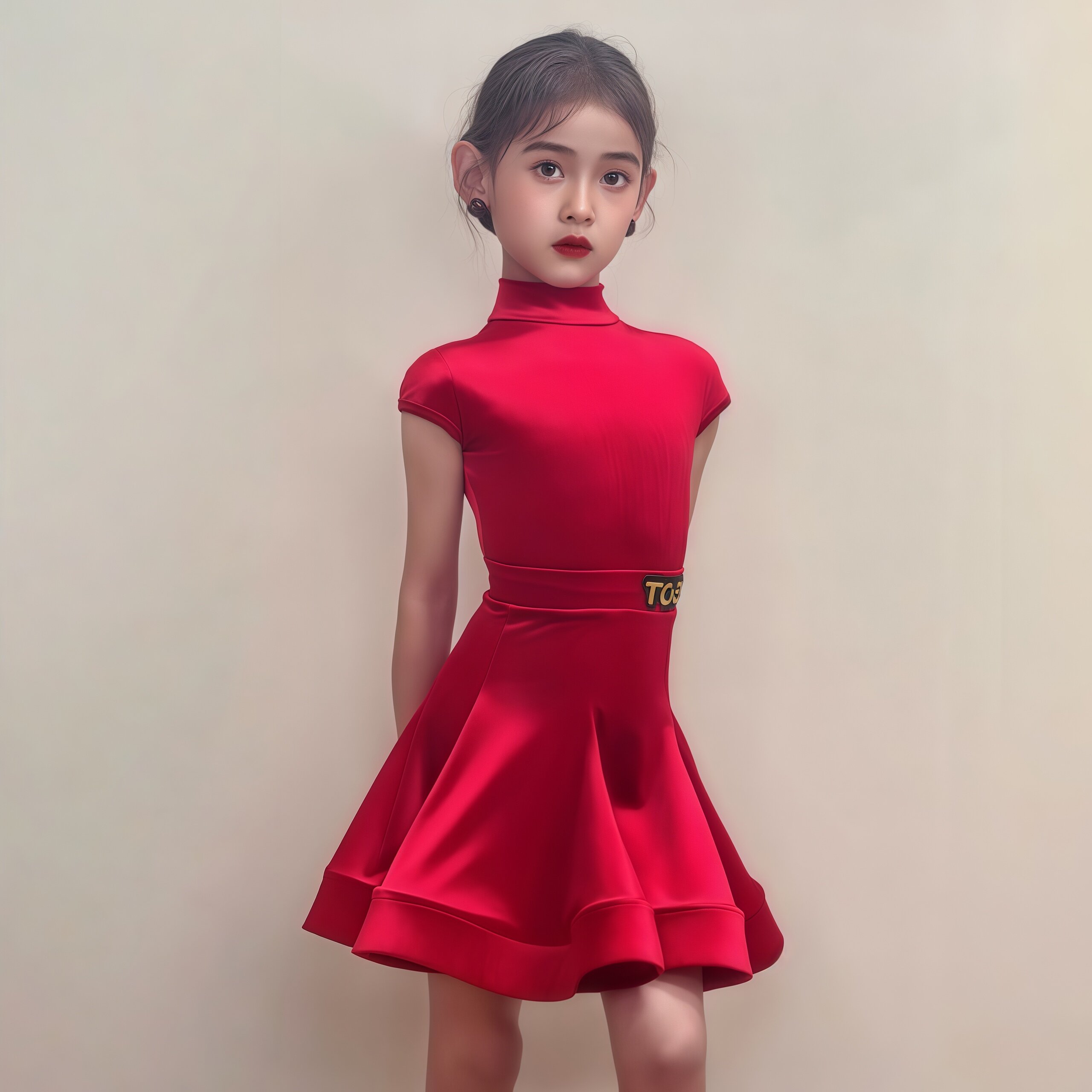 夏季新款拉丁舞服女童亮面丝绒规定服高领插肩袖大摆裙赛服套装 - 实物图