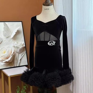2026冬季新款女童拉丁舞服装长袖丝绒桃心领上衣分体蓬蓬裙套装