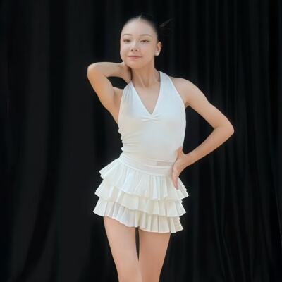 夏季拉丁女童挂脖吊带蛋糕裙班服