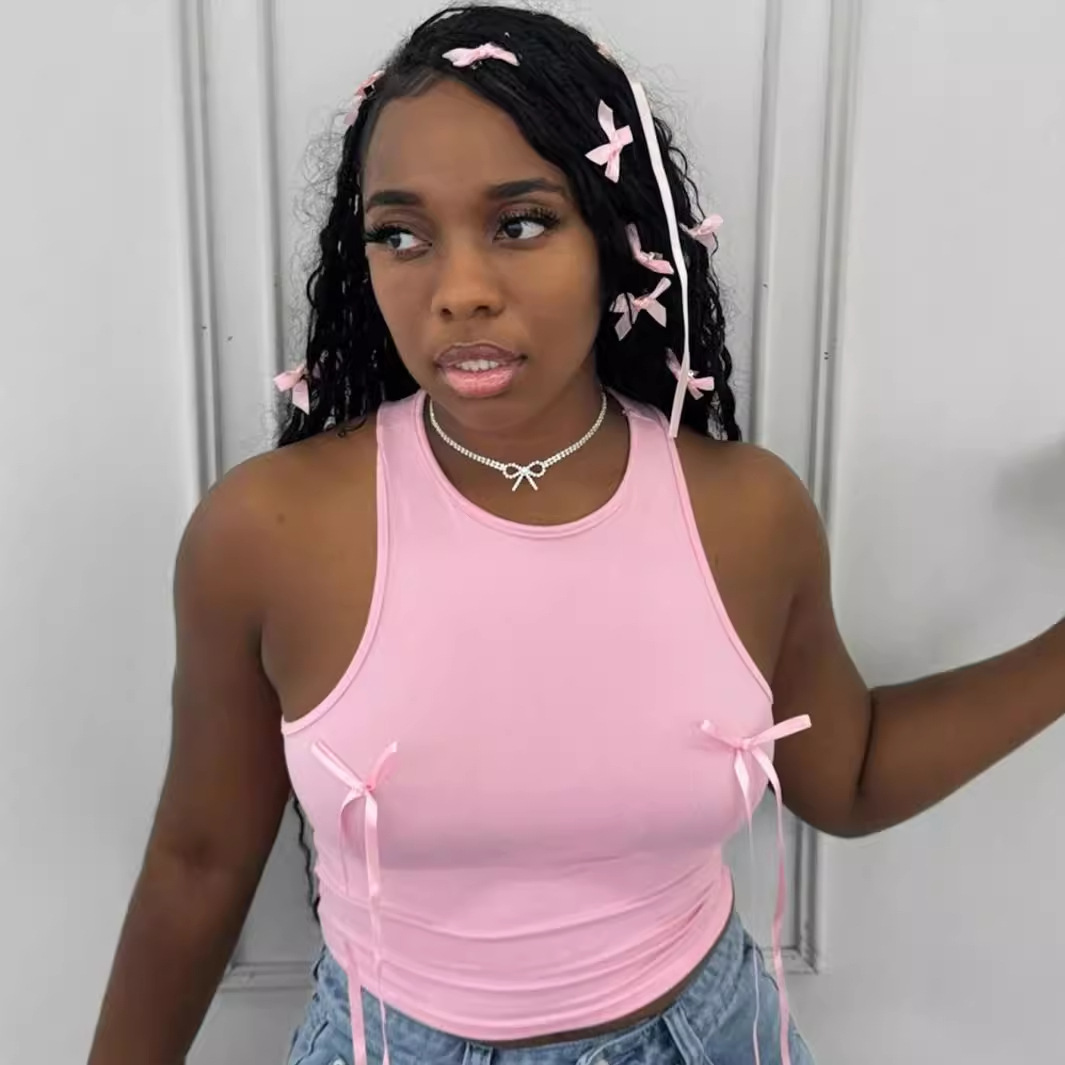 Solid color butterfly condensation navel top蝴蝶结露脐上衣女