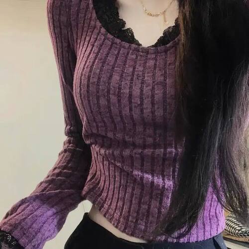 纯色蕾丝长袖上衣 Solid color patchwork lace long sleeved top