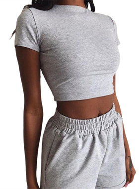 Casual Short Sleeve High Waist Shorts Suit休闲高腰短裤套装女