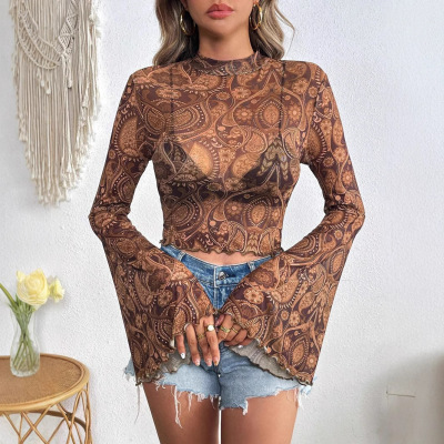 Mesh printed round neck flared sleeve top网纱圆领喇叭袖上衣