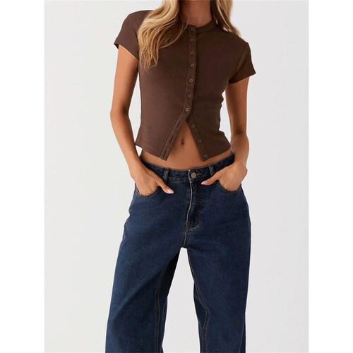 纽扣开衫短袖T恤女 Button-up open-front short-sleeved T-shirt