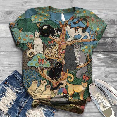 Digital Print Casual Crewneck T-Shirt数码印花休闲圆领女士T恤