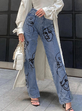 Embroidered high waist straight jeans绣花高腰直筒休闲牛仔裤