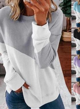 Color-blocking round neck loose sweater拼色圆领宽松简约卫衣