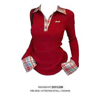 上衣Collar sleeved plaid long top patchwork 翻领格纹拼接长袖