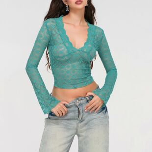color lace 蕾丝上衣 top sleeved Solid long 纯色V领长袖 neck