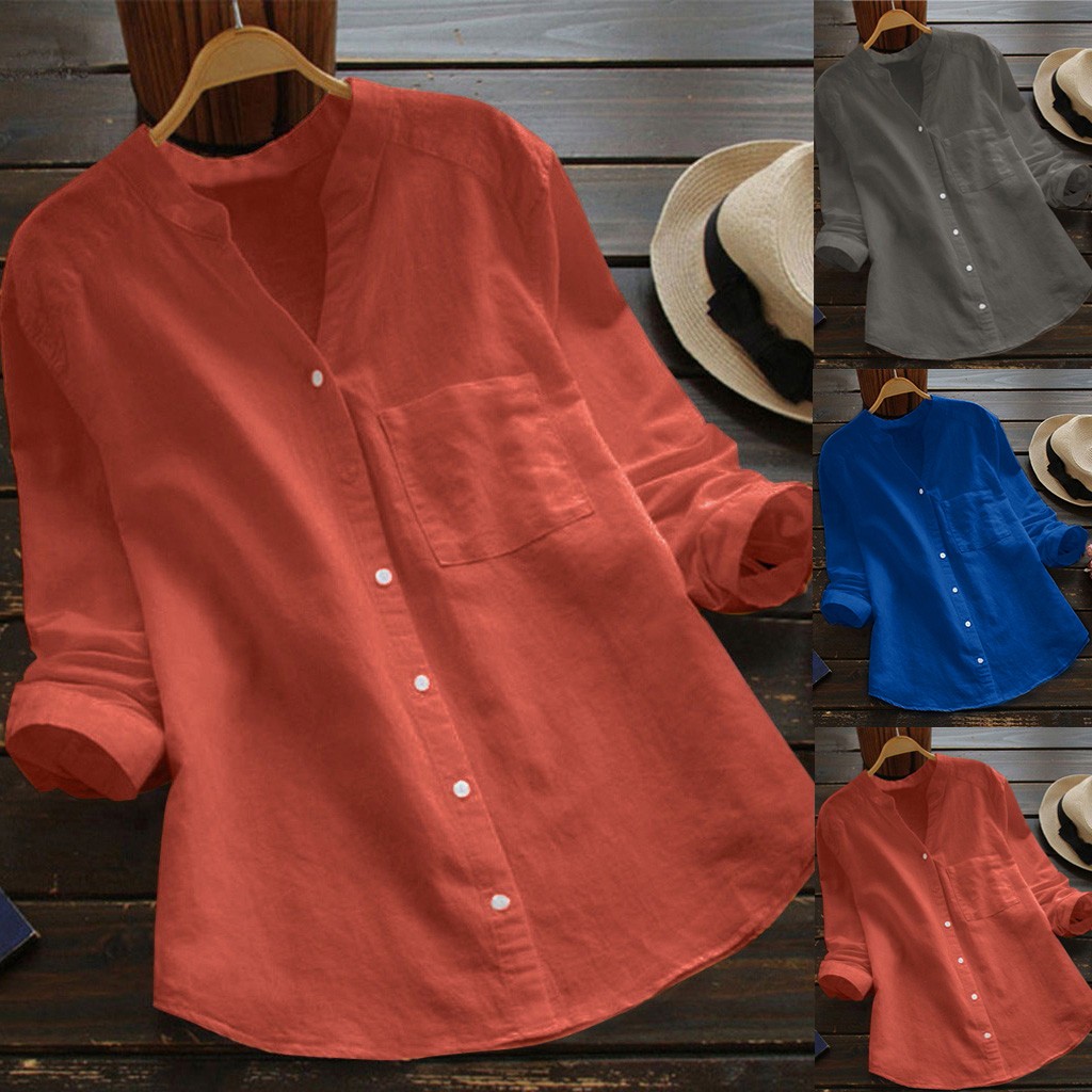 Solid Color Casual Loose V-Neck Shirt纯色休闲宽松V领长袖衬衣