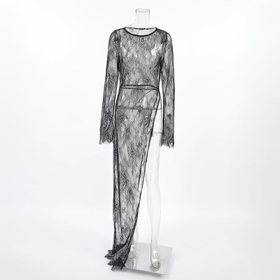 Lace round neck slit asymmetrical dress蕾丝开叉不对称连衣裙