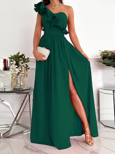 Off-Shoulder Ruffle Hem Slit Dress露肩荷叶边下摆开叉连衣长裙