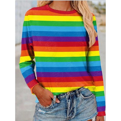 Striped color blocked round neck T-shirt 条纹拼色圆领长袖T恤