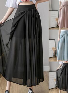 Solid color elastic waist casual hakama纯色弹力腰休闲裤裙女