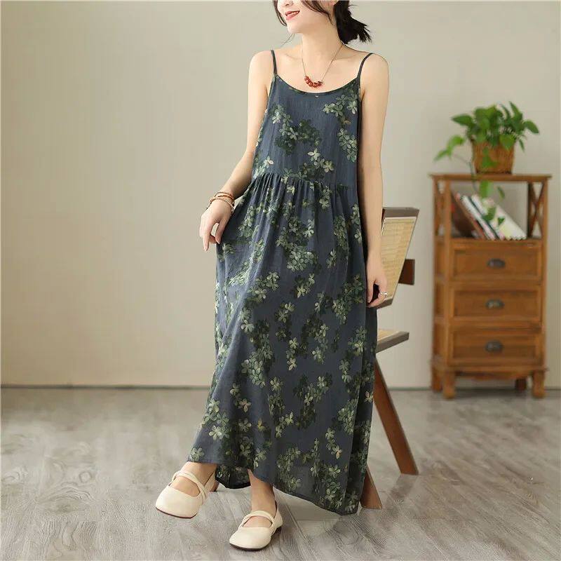 Slips, sleeveless printed jumpsuit, long skirt吊带无袖印花裙