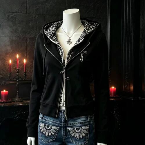 印花拼接豹纹连帽外套 Printed patchwork leopard print jacket
