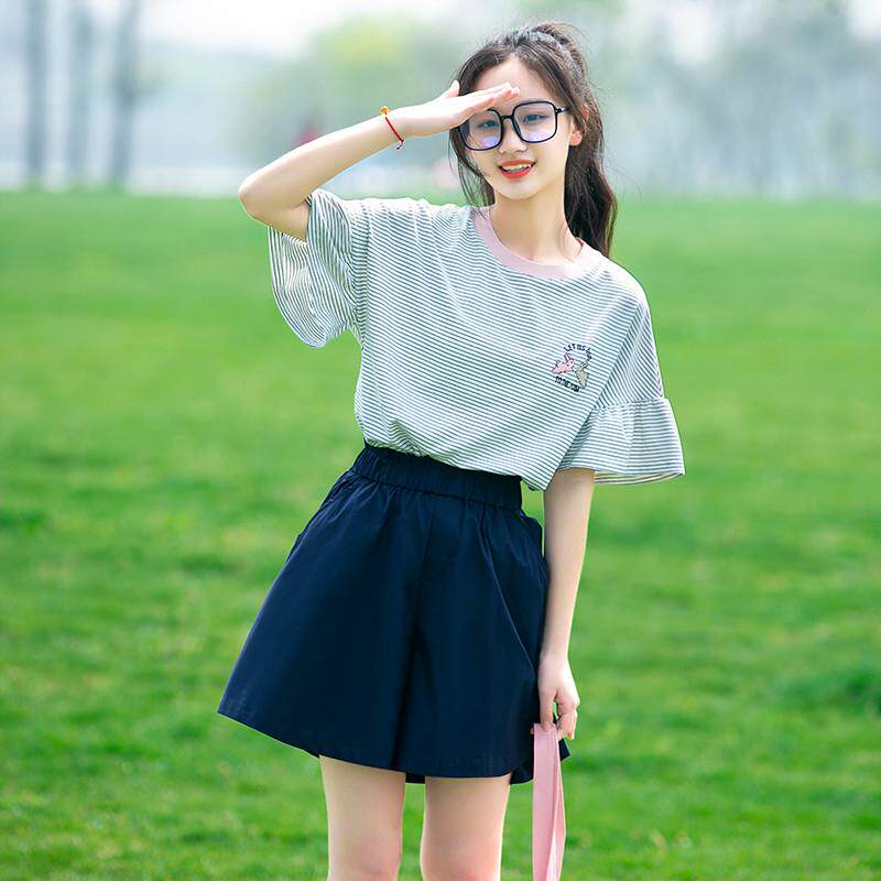 初中生短袖套装女大童夏装高中学生夏季甜美荷叶边少女显瘦两件套