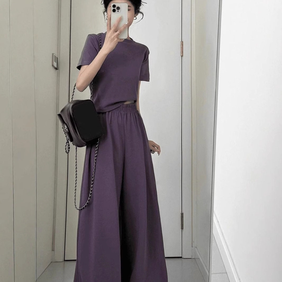 跨境休闲运动服套装女夏季韩版修身显瘦短袖阔腿裤紫色两件套跑步