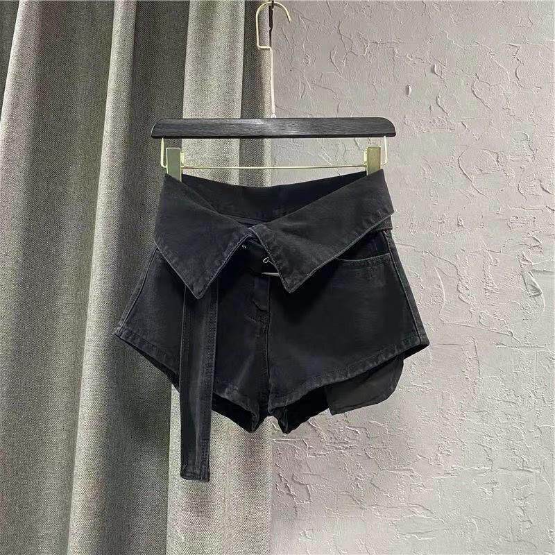 网红翻边设计不规则高腰黑色牛仔短裤女夏季新款显瘦阔腿a字热裤
