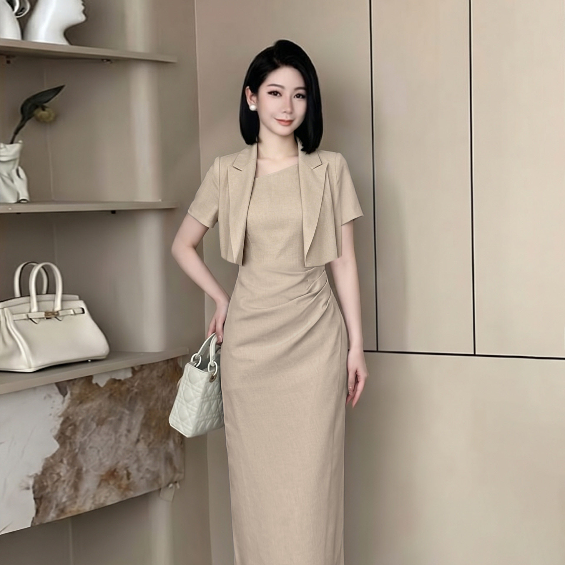 两件套有里布时尚修身上衣女夏季新款气质职场风裙套装美容工作服