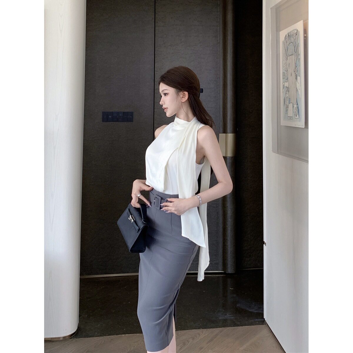 2026飘带缎面袖衬衫上衣+高腰包臀开叉半身裙配腰带时尚套装女