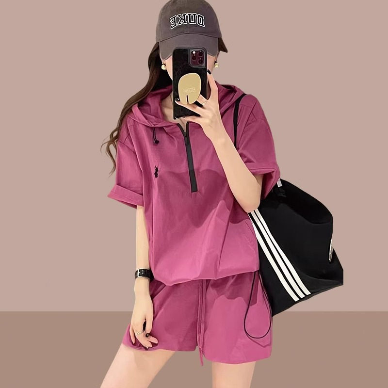 欧货时尚防晒服连帽套装女2024新款夏季韩版薄款短袖短裤两件套潮