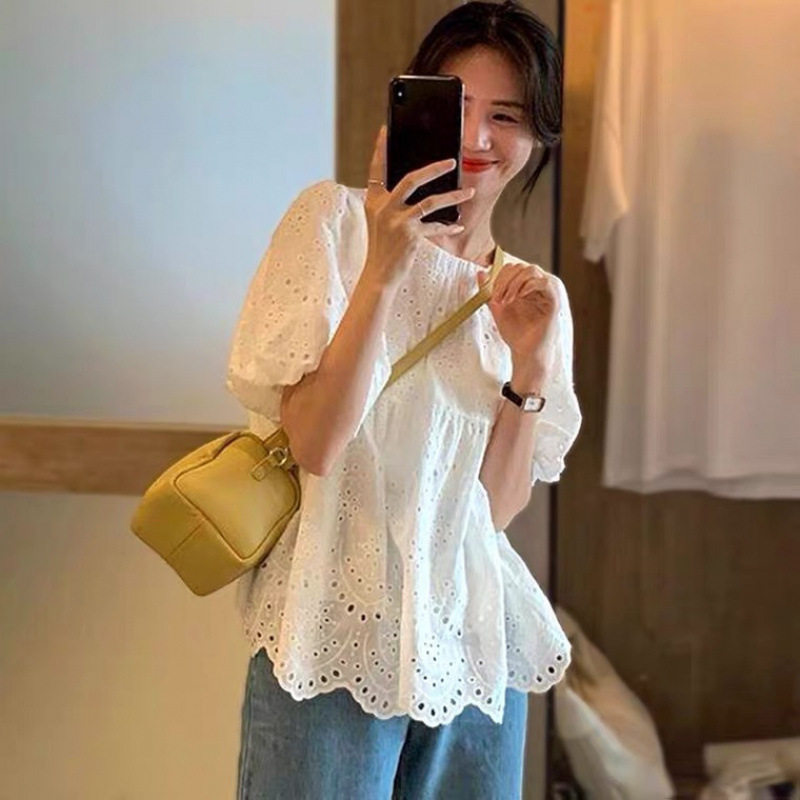 NUNBAI法式泡泡短袖白色衬衫女夏娃娃衫设计感小众别致勾花镂空上