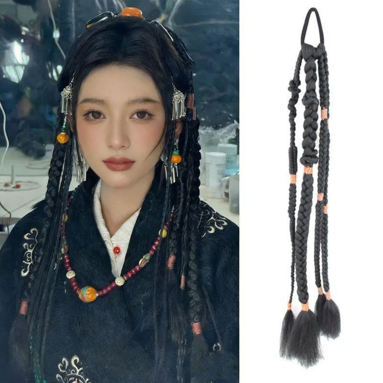藏式民族风手工棉线假发辫子藏族女士单双辫舞蹈演出拍照藏族头饰