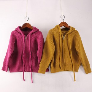 内销秋冬新品  男女童两色带帽抽绳针织开衫线衣拉链外套8C-5-4