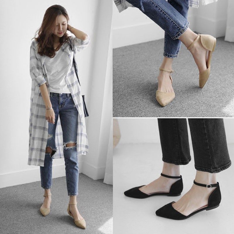 新款春秋一字扣带尖头单鞋女低跟韩版百搭仙女瓢鞋浅口包头平底鞋,女鞋,浅口单鞋,淘宝优惠券,粉丝福利购,淘宝优惠卷