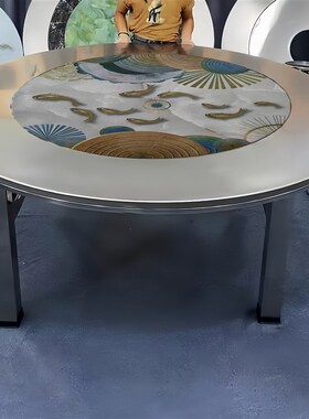 1.5米~2米特大特粗80方管桌腿加厚不锈钢内置彩图转盘折叠餐桌