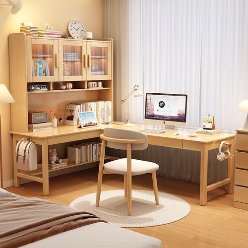 实木转角书桌书架一体桌中学生家用L型写字台卧室拐角7字型电脑桌