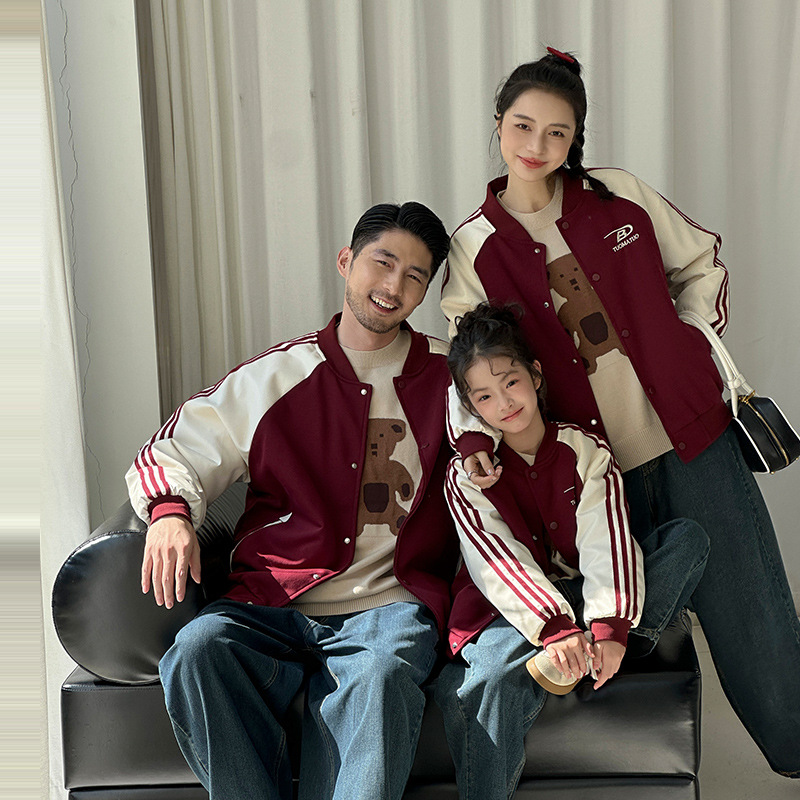 炸街亲子装秋冬装外套2025新款一家三口加厚夹棉棒球服母女装
