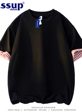 wassupdeion夏季纯棉短袖T恤男美式学院风情侣款简约百搭半袖上衣