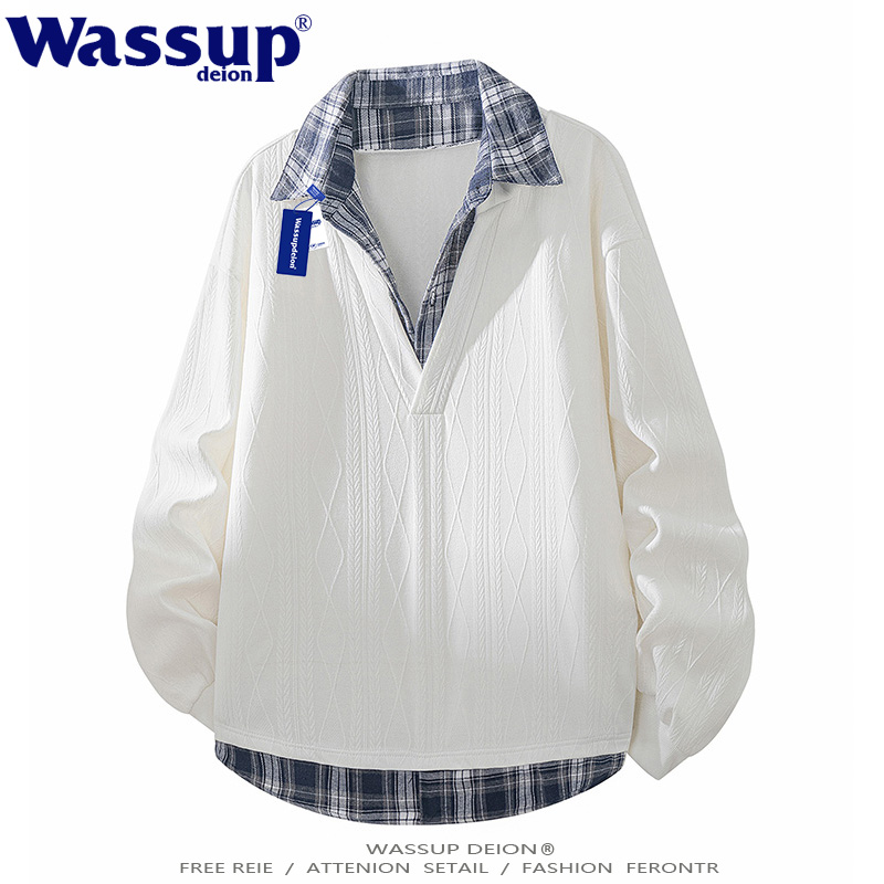 假两件衬衫领卫衣提花针织套头衫