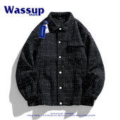 Wassupdeion国潮翻领秋冬季 夹克外套男小香风复古格子布加棉保暖