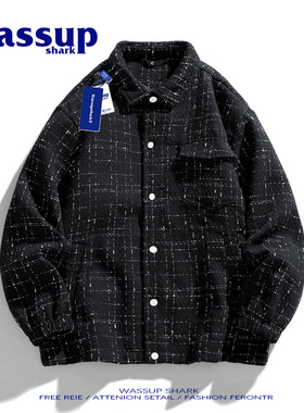 Wassupdeion国潮翻领秋冬季夹克外套男小香风复古格子布加棉保暖