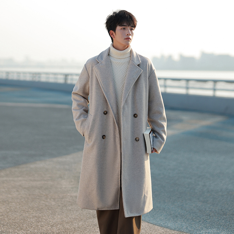 中长款双排扣毛呢大衣纯色外套男