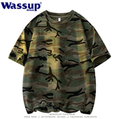 百搭半袖 校园军训潮流情侣款 T恤男夏季 wassupdeion日系迷彩绿短袖
