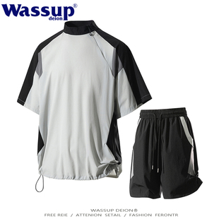 WASSUP 拼色冰絲速干防曬套裝 男夏季 休閑寬松運動兩件套 DEION美式