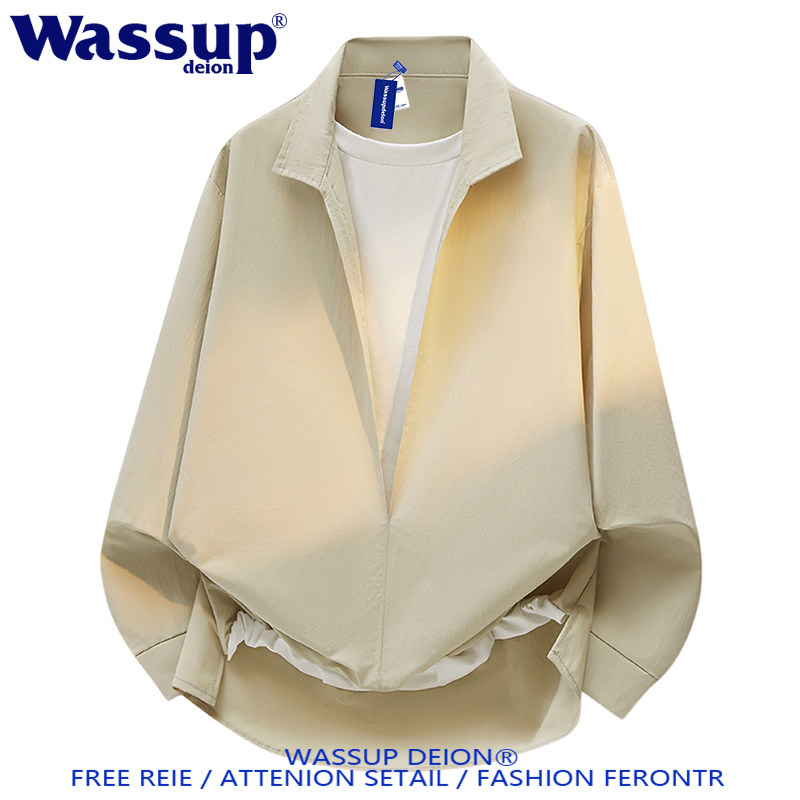 wassup deion春季慵懒风假两件翻领套头衬衫男青少年日系BF情侣款