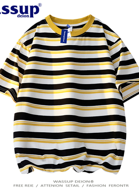 wassupdeion美式学院风纯棉条纹短袖T恤夏季男女同款慵懒潮流半袖