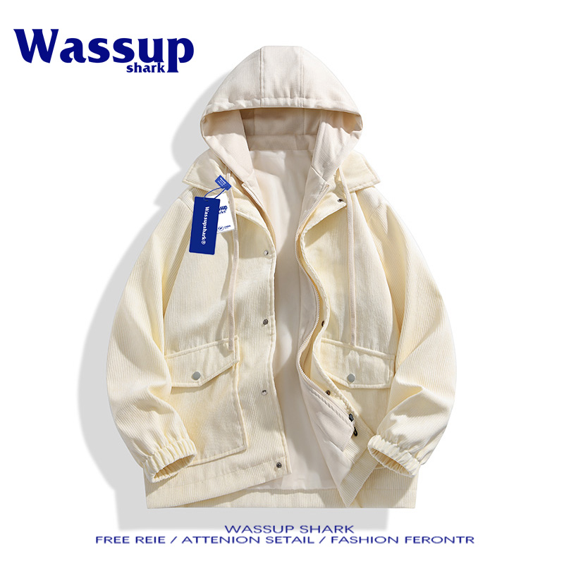 灯芯绒假两件连帽夹克外套男潮牌