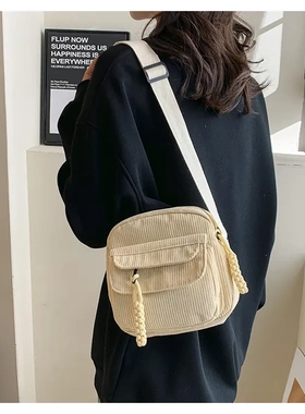 复古百搭原宿灯芯绒单肩斜挎包包女学生简约日系休闲条绒手机包