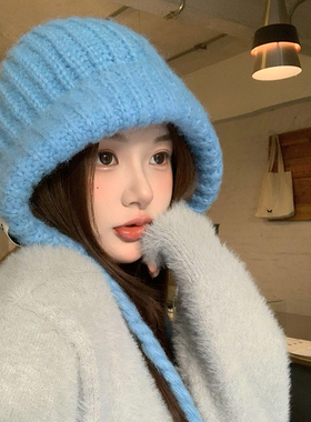 蓝色护耳巴拉克拉法帽子冬季纯色新款大头保暖针织毛线帽防寒百搭